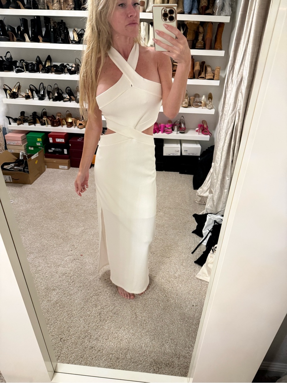 Tyche Cream Backless Ribbed Midi Dress with Twist Detail